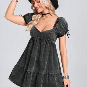 SHEIN Black Denim Puff Sleeve Mini Dress